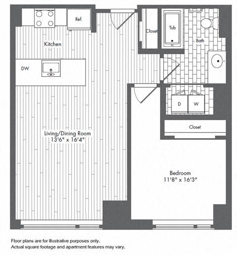 Floor plan for 1 bed, 1 bath, 712 sqft